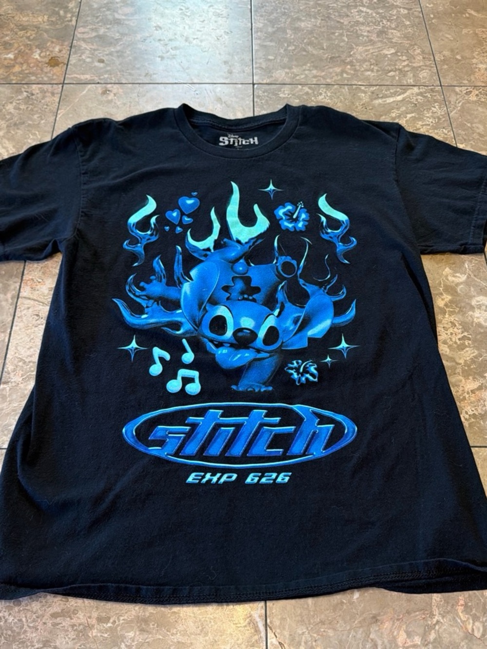 Disney Black T‑Shirt with Neon Blue Stitch Graphic
